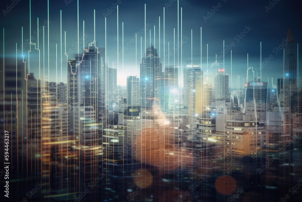 Virtual abstract financial graph and upward arrow interface in the background of blurred cityscape.
