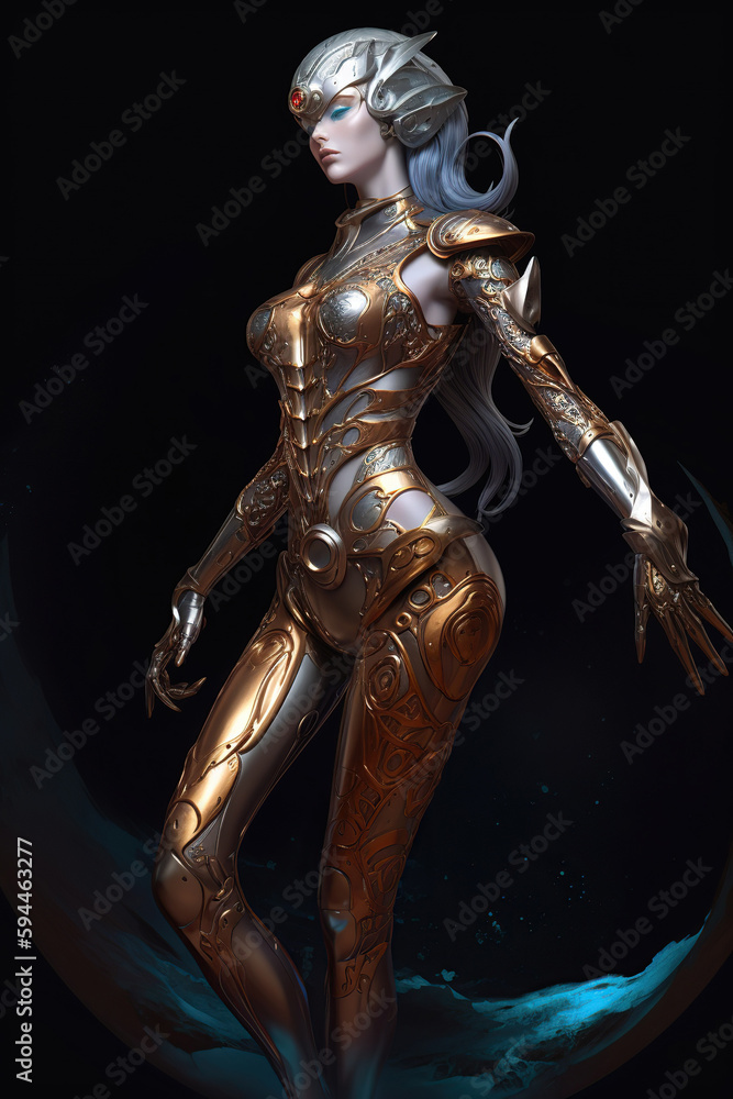 Beautiful alien girl, alien princess wearing golden armor, Fantasy creation. Generative AI illustration