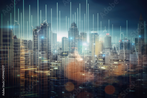 Virtual abstract financial graph and upward arrow interface in the background of blurred cityscape. © imlane
