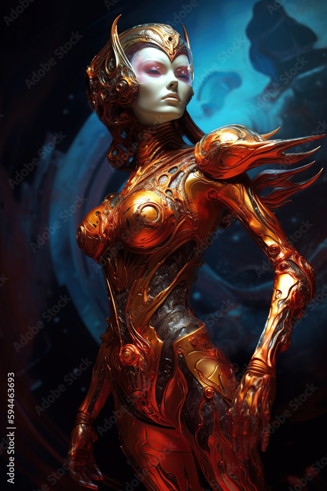 Fototapeta premium Beautiful alien girl, alien princess wearing golden armor, Fantasy creation. Generative AI illustration