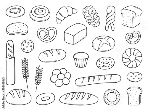 Bread and bakery doodle set. Bagel, croissant, baguette, bun, cookie, donut, sliced bread in sketch style. Hand drawn vector illustration isolated on white background
