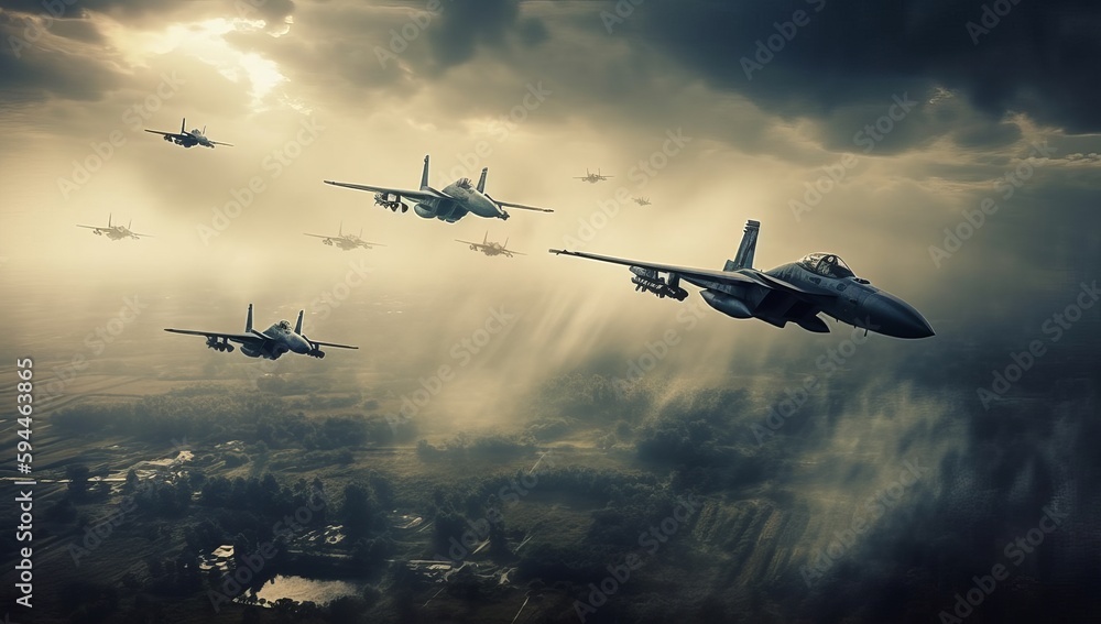 Jet fighters flying through a cloud. Generative AI
Jet fighters flying through a cloud. Generative AI