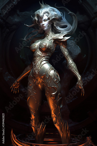 Beautiful alien girl, alien princess wearing golden armor, Fantasy creation. Generative AI illustration © innluga