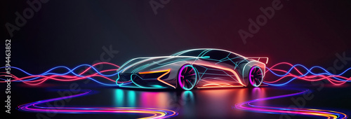 Generic abstract futuristic Glowing Concept Car neon wireframe banner with copyspace empty area - Generative AI photo