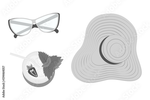 Set of glasses with clear lenses, cocktail with strawberries and mint and a brim hat in grayscale.