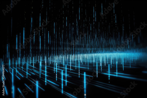 High-speed binary code in data center, composed of 0 and 1, blue lines, glowing lines, black background