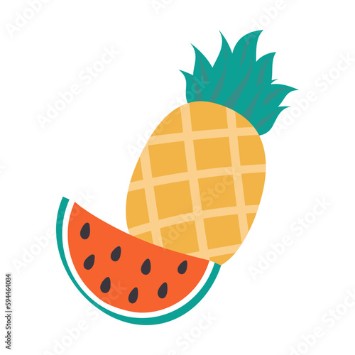 Bright seamless summer pattern of pineapple in sunglasses, watermelon slices and cocktail with mint