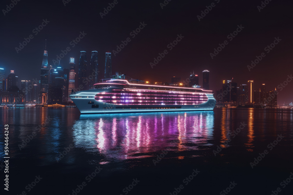 Giant cruise ships cross city rivers at night with tall buildings lining the banks.