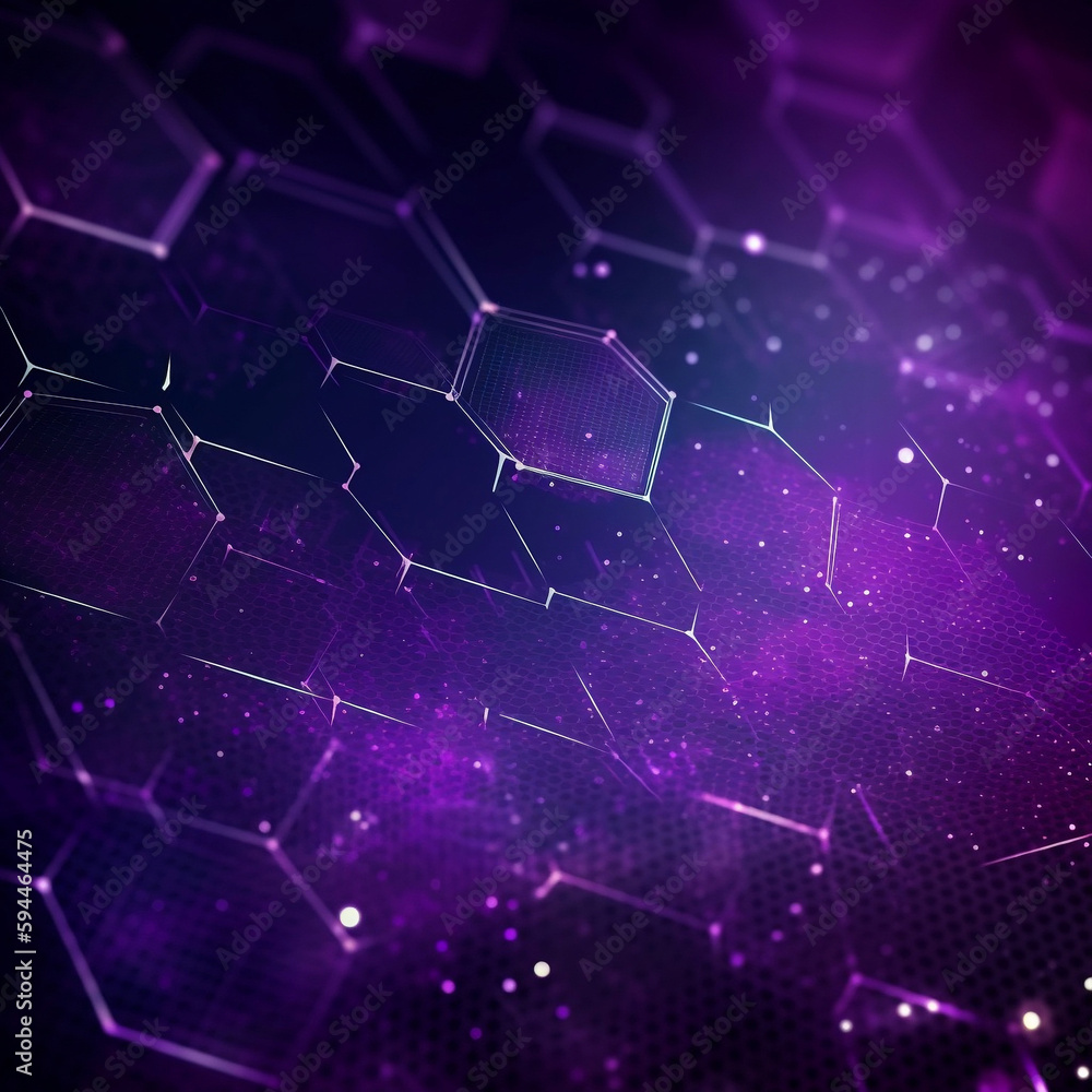 Hexagons are connected by technologically abstract lines and dots in the background. Big data and digital data are connected via hexagons. data visualization in purple hexadecimal format.