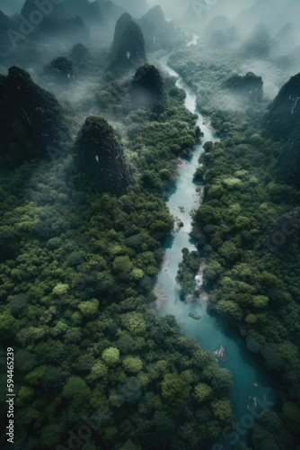 Aerial photography of peak forests and Lijiang River at Guangxi, China © imlane