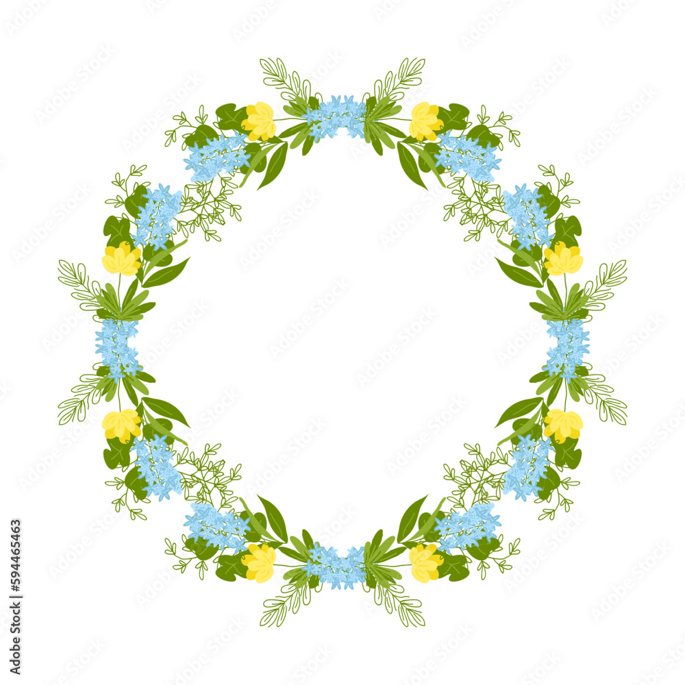 Round frame of spring flowers and twigs. Vector flat illustration. Wedding card decoration. Greeting card. White background. Round frame of spring flowers and twigs. Vector flat illustration. Wedding card decoration. Greeting card. White background.