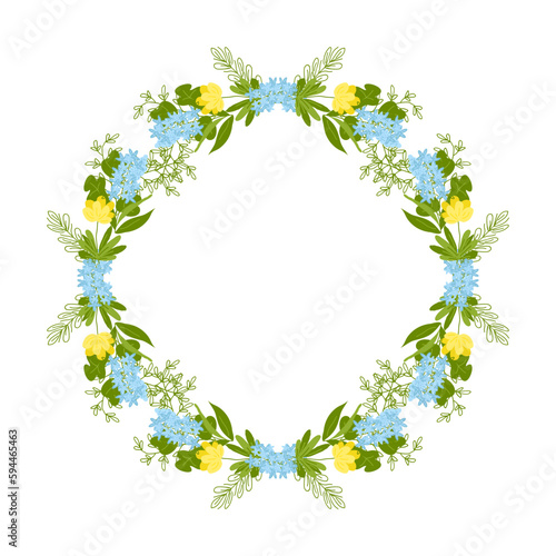 Round frame of spring flowers and twigs. Vector flat illustration. Wedding card decoration. Greeting card. White background.