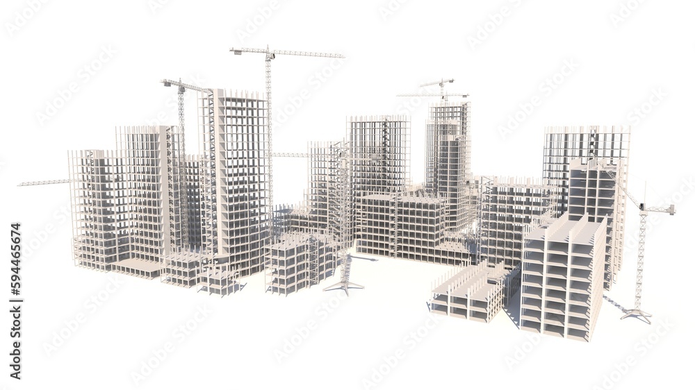 Construction of a multi-storey building. Construction equipment. Monolith building. 3D rendering.