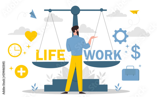 Work and life balance. Man stands in front of scales and prioritizes. Career and earning money versus free time. Professional management. Cartoon flat vector illustration