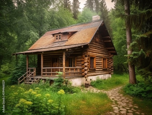 Escape to a Serene Mountain Forest with a Rustic Log Cabin | Generative AI
