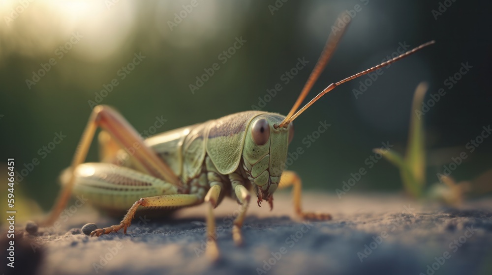 Close up green grasshopper on the ground. Generative AI. Close up green grasshopper on the ground. Generative AI.