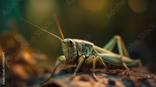 Close up green grasshopper on the ground. Generative AI.