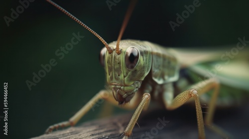 Close up green grasshopper on the wood. Generative AI. © Pro Hi-Res