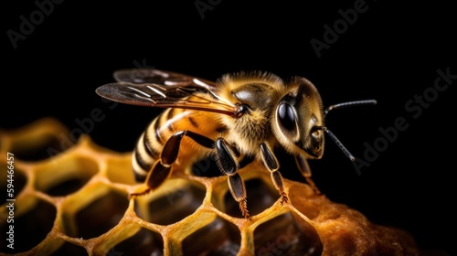Close up of working bees on honeycombs. Generative AI.