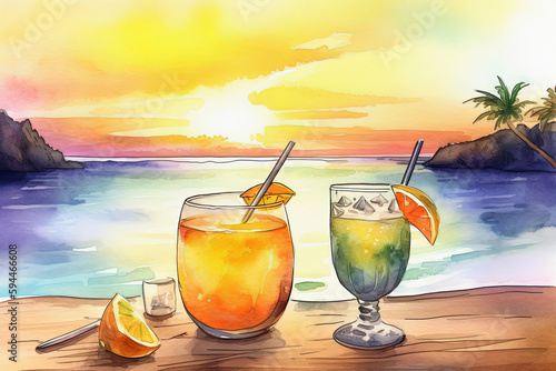 Tropical cocktails on beach with colorful sea sunset background. Generative AI