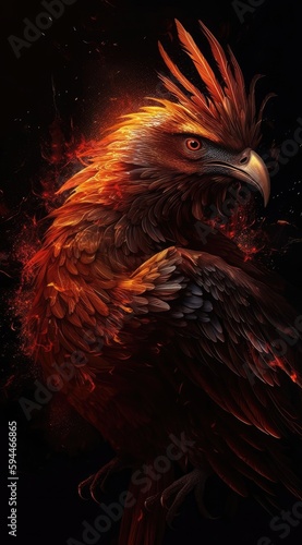 The fiery phoenix is shown in bright red and orange Generative Ai © Moteo