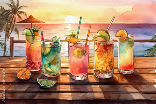 Tropical cocktails on beach with colorful sea sunset background. Generative AI