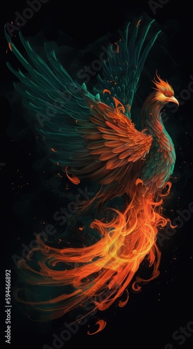 The fiery phoenix is shown in bright red and orange Generative Ai