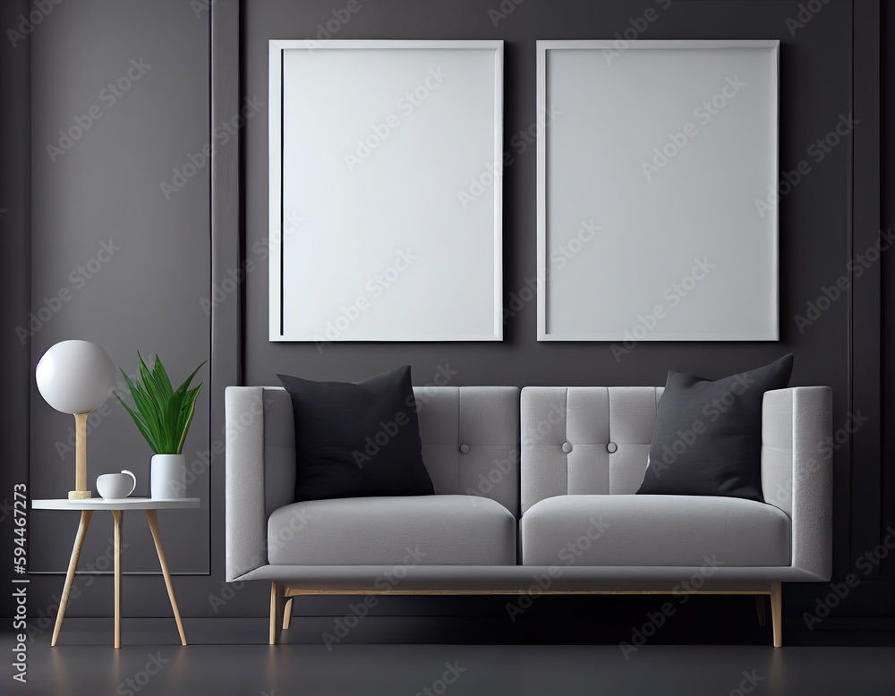 Folky illustration of blank picture frame mockup on gray wall. Modern scandinavian living room with sofa, min. concept. Two vertical templates for artwork or poster. Interior design, generative ai Folky illustration of blank picture frame mockup on gray wall. Modern scandinavian living room with sofa, min. concept. Two vertical templates for artwork or poster. Interior design, generative ai