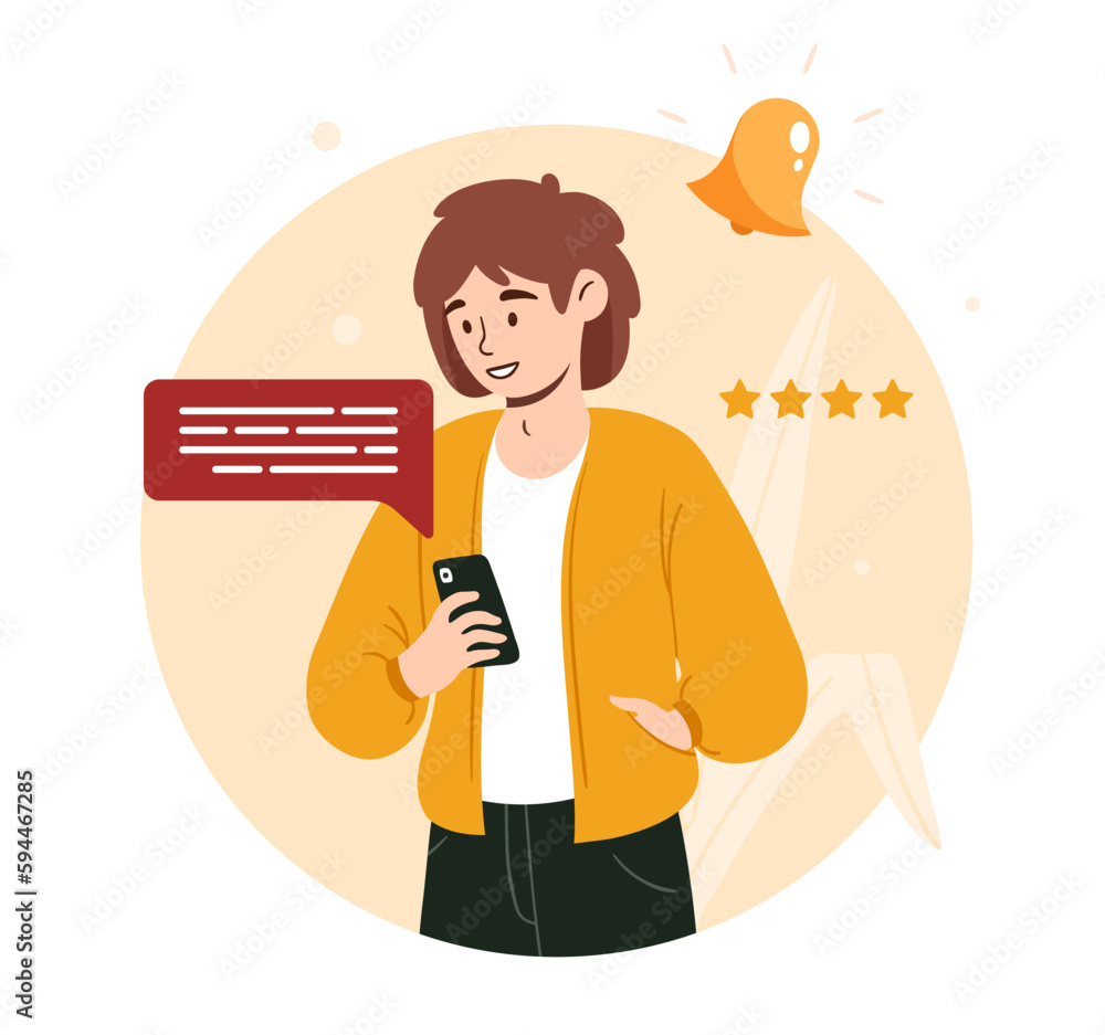 Man using smartphone. Young guy stands with phone in his hands and checks notifications, communicates in social networks and instant messengers. Cartoon flat vector illustration