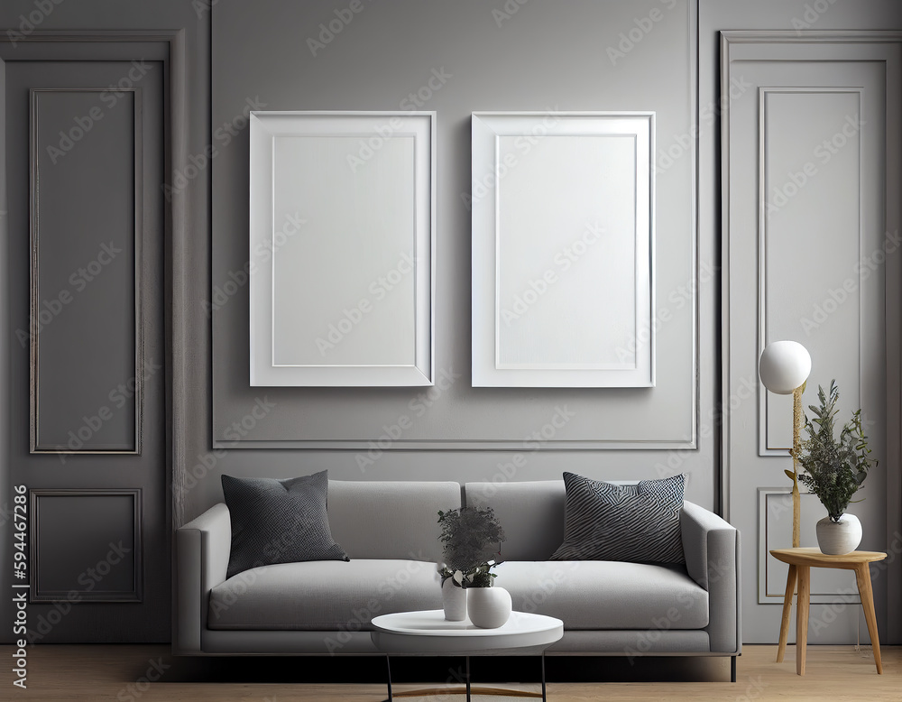 Folky illustration of blank picture frame mockup on gray wall. Modern scandinavian living room with sofa, min. concept. Two vertical templates for artwork or poster. Interior design, generative ai Folky illustration of blank picture frame mockup on gray wall. Modern scandinavian living room with sofa, min. concept. Two vertical templates for artwork or poster. Interior design, generative ai