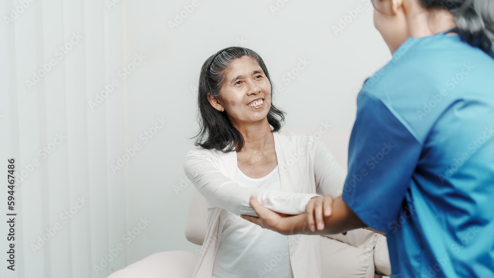 Senior older elderly patient asian grandmother woman with nurse consulting, safety and support of help, trust of breast cancer awareness, encourage Senior older elderly patient asian grandmother woman with nurse consulting, safety and support of help, trust of breast cancer awareness, encourage