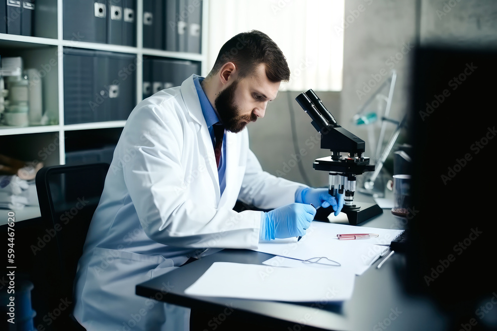 Doctor doing analysis in a laboratory and using microscope. High quality generative ai Doctor doing analysis in a laboratory and using microscope. High quality generative ai