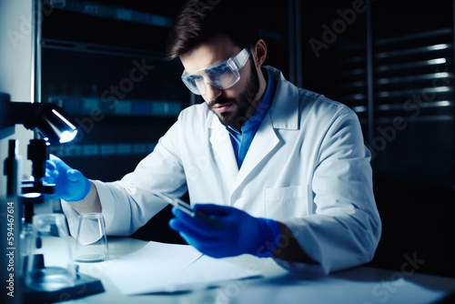 Doctor doing analysis in a laboratory and using microscope. High quality generative ai