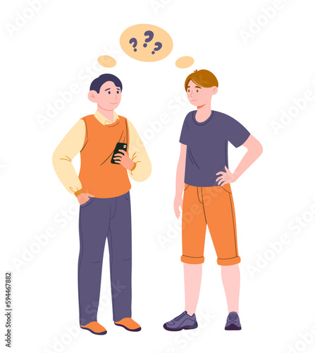 Two boys thinking. Teenagers and schoolchildren with smartphone in their hands trying to solve problem, find solution. Brainstorming and insight. Cartoon flat vector illustration © Rudzhan