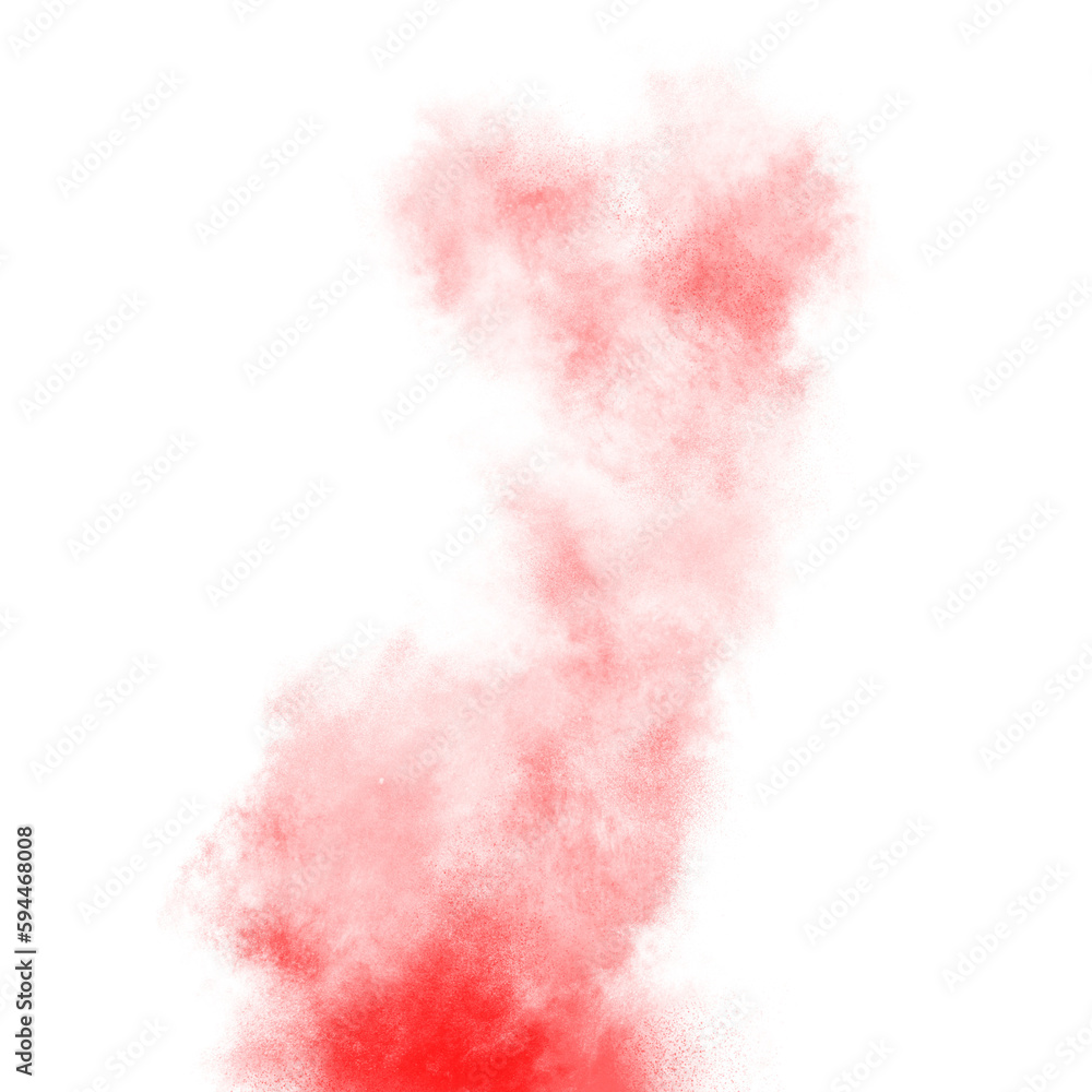 Red color powder explosion isolated on transparent background. Royalty high-quality free stock PNG image of Pink powder explosion. Colorful dust explode. Paint Holi, red dust particles splash
