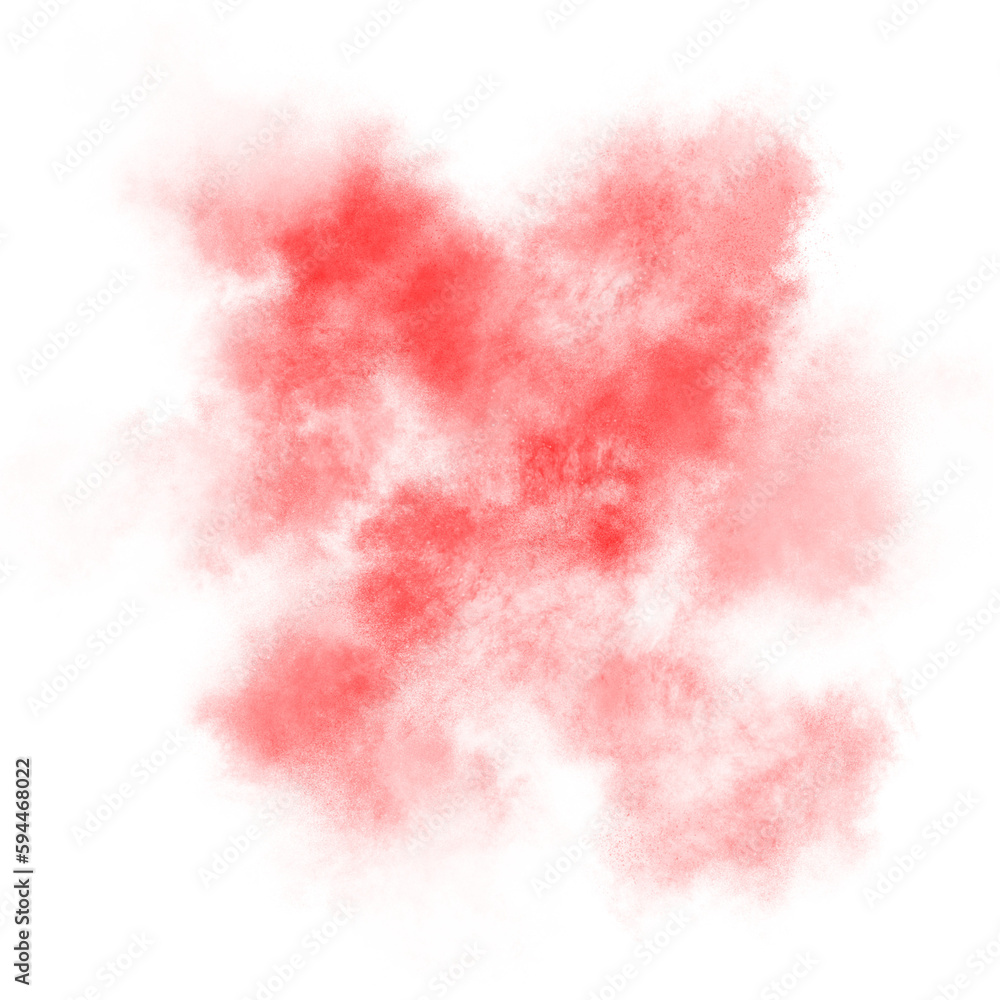 Red color powder explosion isolated on transparent background. Royalty high-quality free stock PNG image of Pink powder explosion. Colorful dust explode. Paint Holi, red dust particles splash