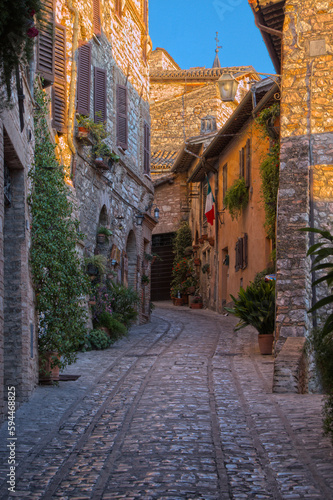 Italy  Umbria. Cobblestone street in the town of Spello.
