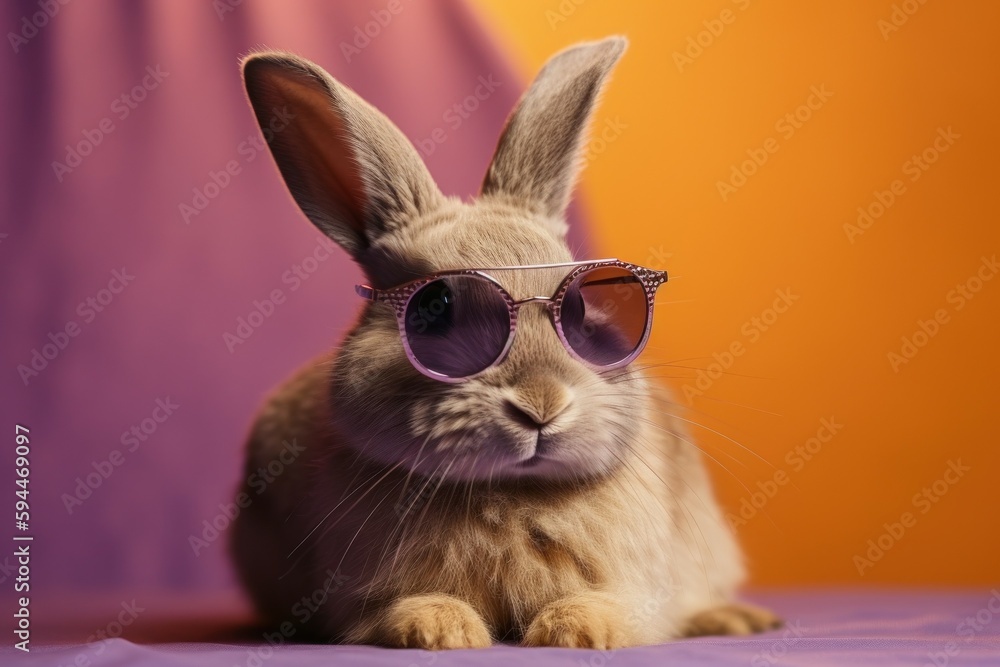 Funny cute bunny in sunglasses with happy emotion. AI generated, human enhanced