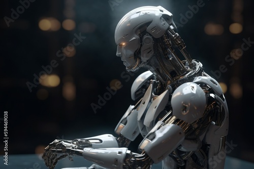 The high-tech white robot is contemplating the next step with precision. AI generated, human enhanced