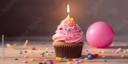 Birthday Cupcake With Candle And Pink Decoration. AI generated  human enhanced.