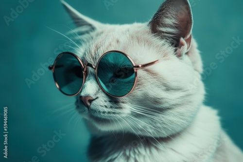 Funny cute cat in sunglasses with happy emotion. AI generated, human enhanced