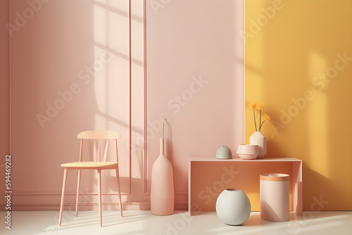 Minimalist interior of a room with pink and yellow walls, white floor, ceramic vases on pink table and wooden chair, mock up, generative, AI, Generative AI.