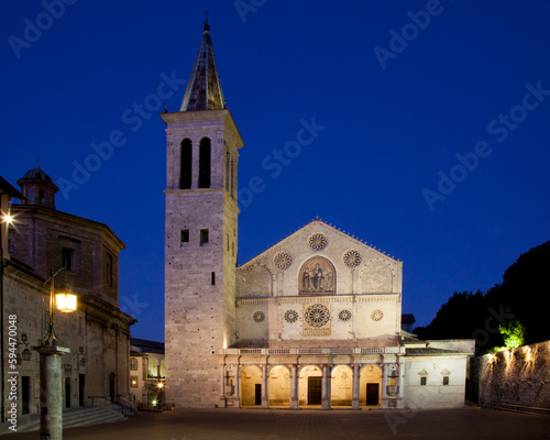 Italy, Umbria. Evening view of the Duomo in the Romanesque town of Spoleto. (Santa Maria Assunta Cathedral).