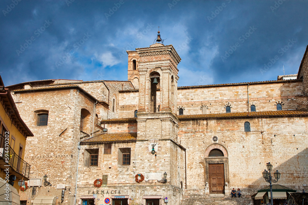 Italy, Umbria, Narni. The medieval cathedral of San Giovenale and bell tower in the ancient village of Narni.