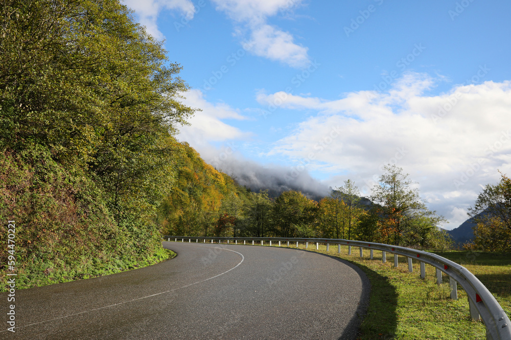 Picturesque view of empty road near trees in mountains