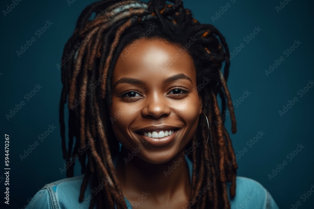 Portrait of a african woman with dreadlocks smiling at the camera in a studio. AI generated, human enhanced Portrait of a african woman with dreadlocks smiling at the camera in a studio. AI generated, human enhanced
