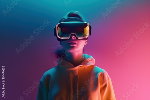 Young woman wearing virtual reality glasses in neon colors. AI generated  human enhanced.