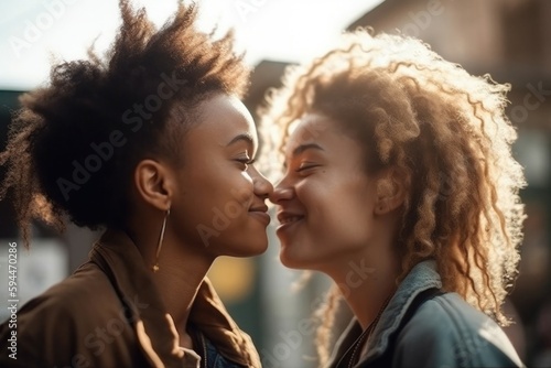 Young lesbian couple in their moment of intimacy at night in the street. AI generated, human enhanced