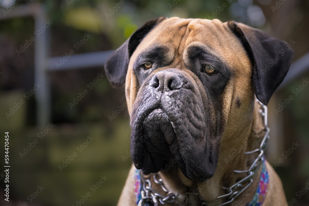 2023-04-19 CLOSE UP OF A FAWN COLORED BULLMASTIFF LOOKING TO THE LEF TINTEH FRAME WIHT BRIGHT EYES AND WEARING A CHAIN COLLAR