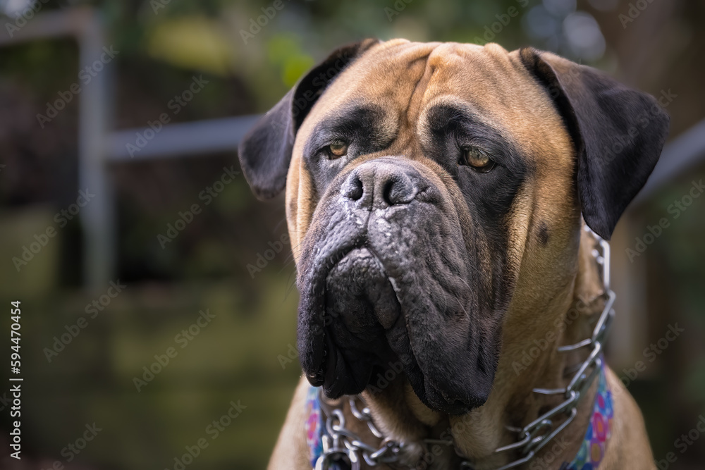 2023-04-19 CLOSE UP OF A FAWN COLORED BULLMASTIFF LOOKING TO THE LEF TINTEH FRAME WIHT BRIGHT EYES AND WEARING A CHAIN COLLAR 2023-04-19 CLOSE UP OF A FAWN COLORED BULLMASTIFF LOOKING TO THE LEF TINTEH FRAME WIHT BRIGHT EYES AND WEARING A CHAIN COLLAR